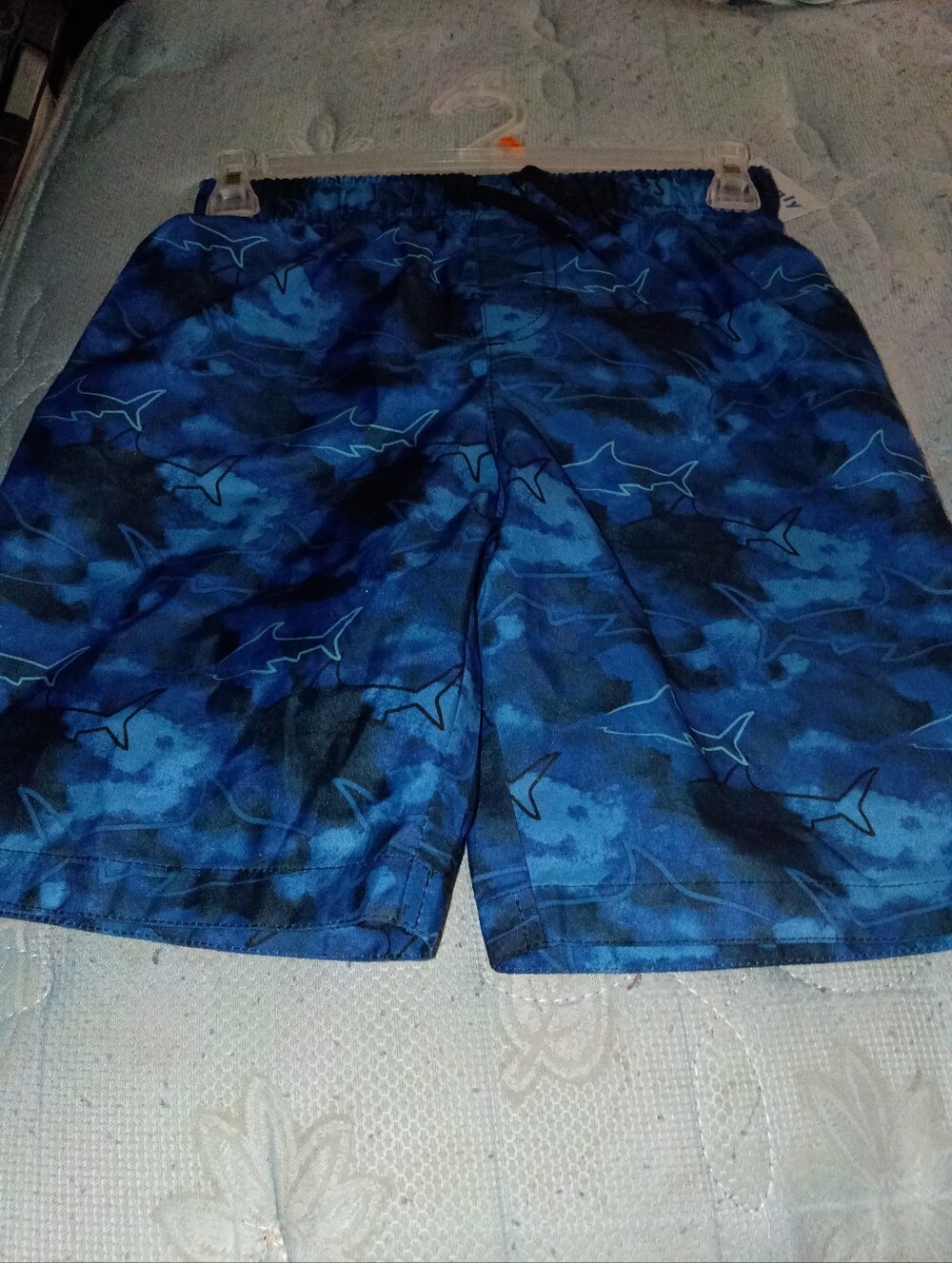 Boys Blue Shark-Pattern Swim Trunks